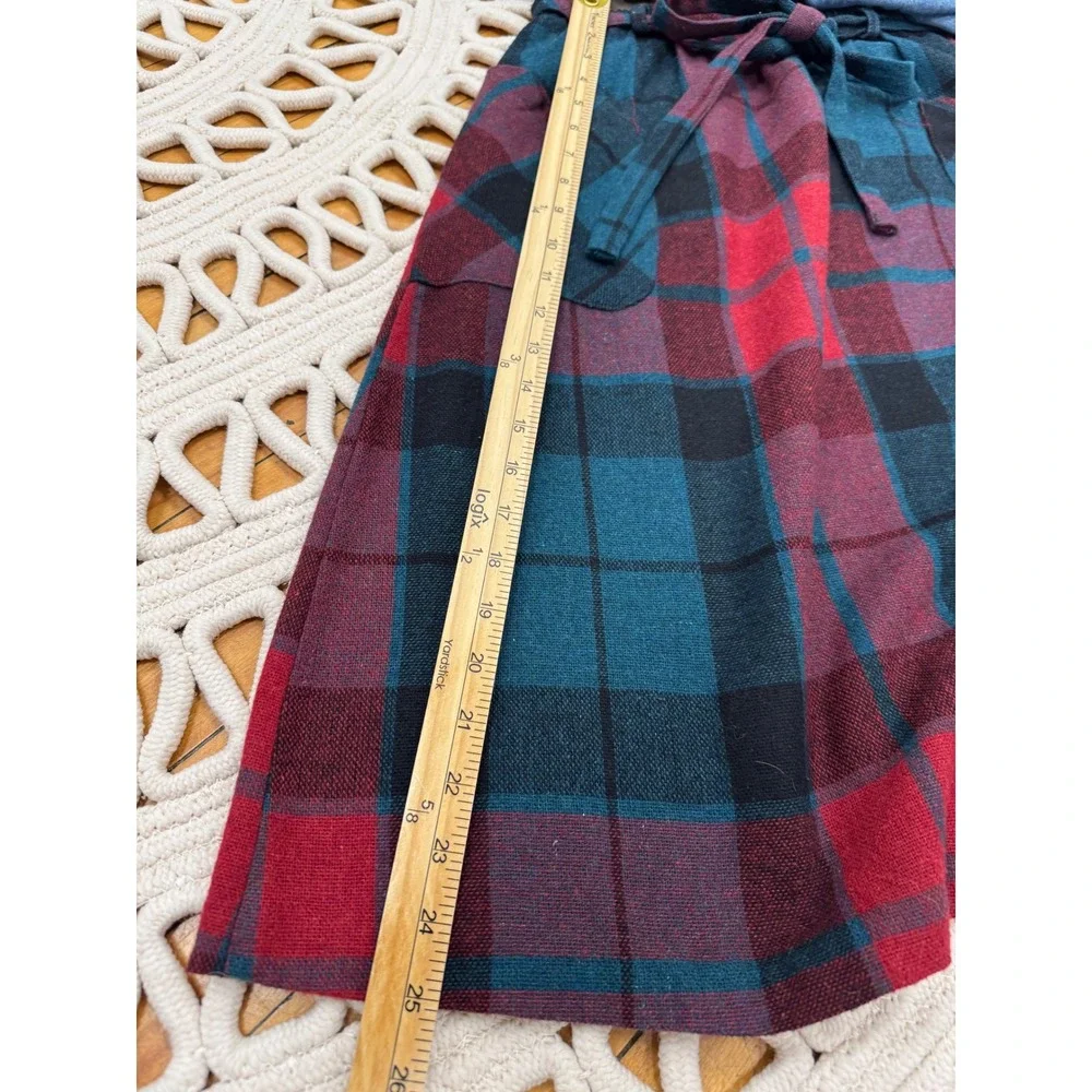 Vintage Plaid Midi Skirt Tie Waist Pockets Wool Blend Red Teal Black Boho Sz S/M